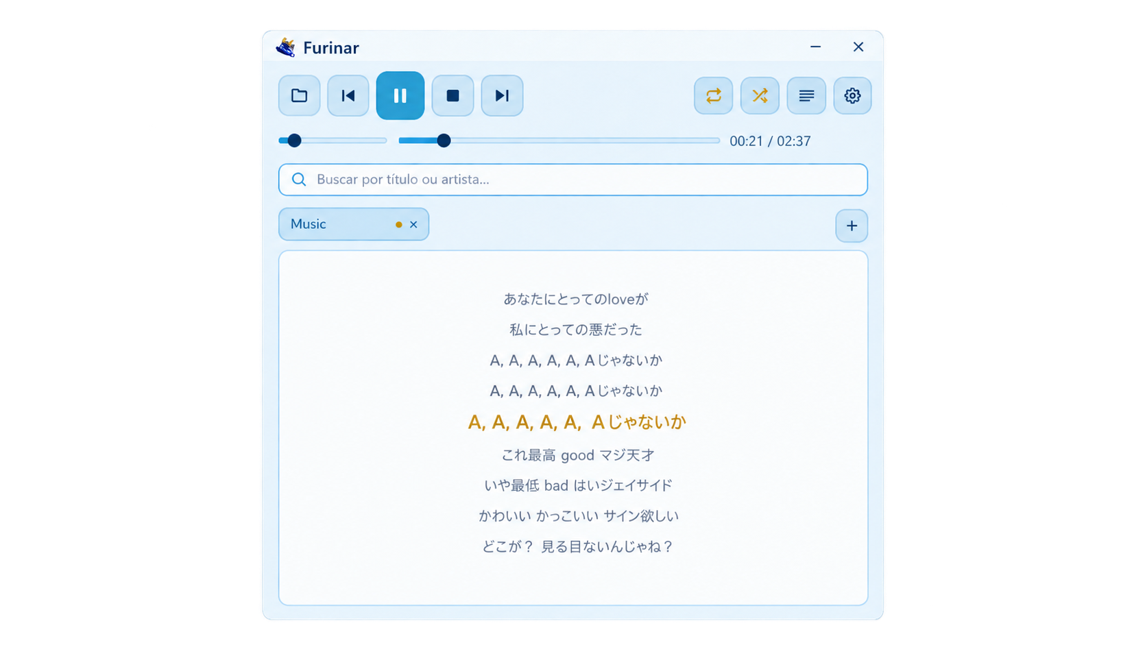 Furinar synchronized lyrics view — active line highlighted in gold