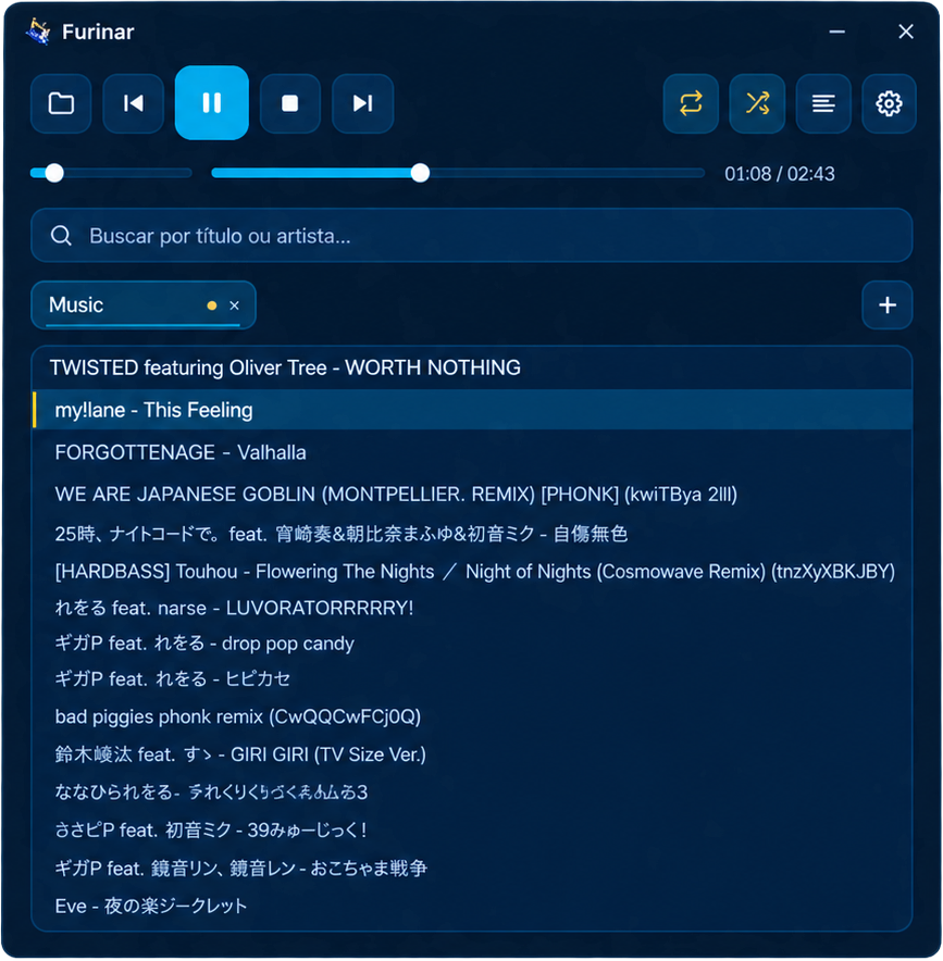 Furinar music player — dark theme showing playlist and playback controls