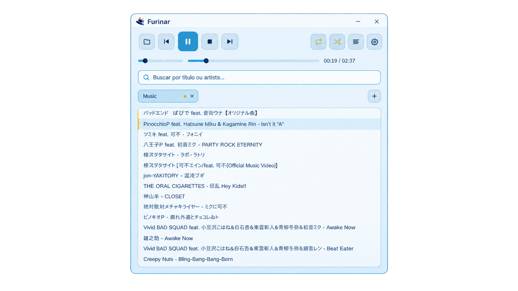 Furinar light theme — showing playlist and playback controls